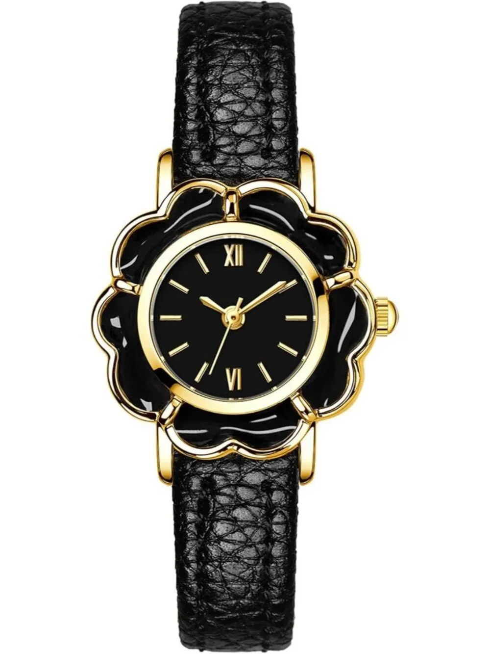 Women's Black Leather Strap Elegant Floral-Shaped Creative Small Wrist Watch